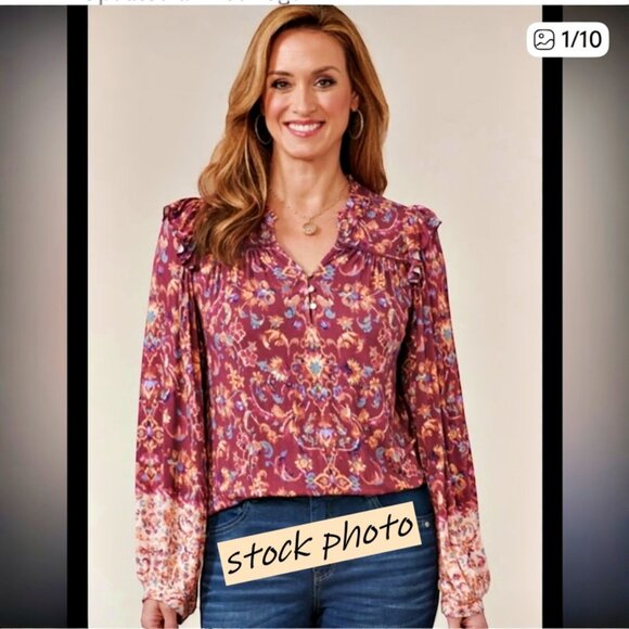 NEW Democracy BOHO Top Tunic M Burgundy Floral Pleated Peasant Fall Bloomcore - Picture 1 of 11